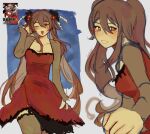  1girl absurdres breasts brown_hair commentary dress english_commentary flower flower-shaped_pupils frostjubiles genshin_impact hair_between_eyes hair_flower hair_ornament highres hu_tao_(genshin_impact) looking_at_viewer one_eye_closed open_mouth orange_eyes red_dress reference_inset see-through_clothes see-through_sleeves see-through_thighhighs solo symbol-shaped_pupils thighhighs 