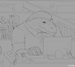  absurd_res anthro book button_(fastener) calendar cleopatra_(casimyrcsko) computer computer_mouse dinosaur electronics feathers female hi_res it-rex lips monochrome mr.carno pens phone prehistoric_species reptile saurischian scalie solo t._rex theropod tyrannosaurid tyrannosauroid tyrannosaurus tyrannosaurus_rex 