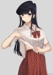  1girl absurdres artist_name black_eyes black_hair bow bowtie cepelav clothes_lift collared_shirt eyebrows_visible_through_hair grey_background highres holding holding_clothes holding_shirt komi-san_wa_komyushou_desu komi_shouko long_hair looking_at_viewer pleated_skirt red_neckwear red_skirt school_uniform shiny shiny_hair shirt short_sleeves skirt solo striped striped_skirt twitter_username undressing uniform white_shirt 