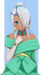  blush bracelet campbell_xx crossdressing crossdressing_(mtf) dark-skinned_male dark_skin dress earrings elbow_gloves gloves green_dress green_eyes gundam highres jewelry loran_cehack low_neckline non-web_source ponytail turn_a_gundam white_hair 