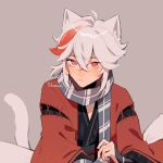  1boy :&lt; ahoge animal_ear_fluff animal_ears bangs cat_ears cat_tail commentary crossed_bangs genshin_impact grey_background highres japanese_clothes kaedehara_kazuha looking_at_viewer multicolored_hair red_eyes red_hair scarf signature simple_background solo streaked_hair tail two-tone_hair white_hair yukunnvi 