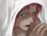  1boy arm_up diavolo eyelashes fingernails grey_eyes highres jojo_no_kimyou_na_bouken lipstick looking_at_viewer makeup male_focus parted_hair parted_lips pink_hair rr9pt76u5phwgqx solo spotted_hair vento_aureo 