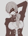  1girl :q alternate_costume arm_behind_head blindfold breasts clothing_cutout covered_eyes dress fate/strange_fake fate_(series) hair_between_eyes highres long_sidelocks monochrome noel_(tsukihime) scrunchie side_ponytail sidelocks tadano_mash tongue tongue_out tsukihime tsukihime_(remake) 