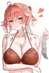  1girl absurdres ahoge bare_shoulders blush body_markings breasts changli_(wuthering_waves) closed_mouth commentary_request condom condom_packet_strip condom_wrapper hair_intakes heart highres holding holding_condom huge_breasts jooann_(jooann1359) looking_at_viewer pink_hair smile solo wuthering_waves 
