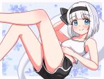  1girl alternate_costume arm_behind_head bare_shoulders black_bow black_hairband black_shorts blue_eyes bow bow_hairband commentary hairband highres hitodama konpaku_youmu konpaku_youmu_(ghost) looking_at_viewer midriff pancetta_(twitter_1735264787037396992) shirt short_hair shorts sleeveless sleeveless_shirt smile solo touhou white_hair white_shirt 