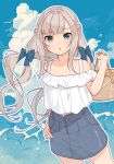  1girl alternate_costume bag blue_bow blue_eyes blue_skirt blue_sky bow braid cloud commentary_request commission cowboy_shot denim denim_skirt frilled_shirt frills grey_hair half_up_braid hand_on_own_hip kantai_collection long_hair looking_at_viewer low_twintails maryland_(kancolle) mitsuyo_(mituyo324) shirt skirt sky solo twintails white_shirt 