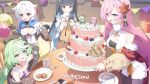  4girls absurdres birthday_cake black_gloves black_hair blue_eyes blunt_bangs box breasts cake cleavage closed_mouth commentary english_commentary food fuyuka_(stella_sora) gerie_(stella_sora) gift gift_box gloves green_hair hair_between_eyes highres indoors large_breasts long_hair long_sleeves multicolored_hair multiple_girls nazuka_(stella_sora) nazuna_(stella_sora) official_art open_mouth pink_hair red_eyes smile stella_sora streaked_hair very_long_hair white_gloves white_hair 