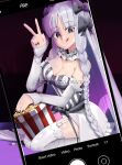  1girl bare_shoulders black_eyes breasts cellphone commentary detached_sleeves dress fate/strange_fake fate_(series) food francesca_prelati_(fate) garter_straps highres long_hair medium_breasts phone popcorn smartphone smile solo striped_clothes striped_dress thighhighs tongue tongue_out tyrnickleback v white_hair white_thighhighs 