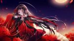  1girl ahoge blurry brown_eyes brown_hair covered_mouth depth_of_field dress flower highres holding holding_sword holding_weapon japanese_clothes katana light_blush long_hair looking_at_viewer minaminotkita moon moonlight outdoors petals red_dress red_flower shino_asagi solo spider_lily sword weapon 