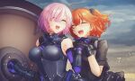  2girls ahoge armor bangs bare_shoulders black_armor black_gloves black_scrunchie black_shirt boobplate closed_eyes cloud cloudy_sky collared_shirt commentary_request crying eyebrows_visible_through_hair fate/grand_order fate_(series) fujimaru_ritsuka_(female) gauntlets gloves hair_between_eyes hair_ornament hair_scrunchie highres holding holding_hands holding_shield holding_weapon mash_kyrielight multiple_girls nana73 open_mouth outdoors pink_hair polar_chaldea_uniform ponytail scrunchie shield shirt short_hair short_sleeves side_ponytail sky smile sweat tearing_up tears uniform upper_body upper_teeth weapon 