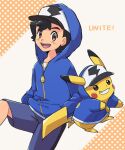 1boy :d ao_anpk ash_ketchum baseball_cap black_hair brown_eyes clothed_pokemon commentary_request copyright_name cosplay gen_1_pokemon grin hat hatted_pokemon hood hood_up hooded_jacket jacket long_sleeves looking_at_viewer male_focus open_mouth pikachu pikachu_(cosplay) pokemon pokemon_(anime) pokemon_(creature) pokemon_(game) pokemon_unite shirt short_hair shorts smile teeth tongue upper_teeth white_shirt zipper_pull_tab 