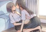  2girls betock black_hair blush brown_hair closed_eyes commentary couch eyebrows_visible_through_hair face-to-face hand_on_another&#039;s_shoulder highres imminent_kiss kneeling long_hair multiple_girls on_ground original school_uniform short_hair sitting yuri 