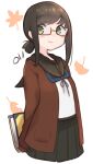  1girl absurdres anchor_symbol bespectacled black_hair black_sailor_collar black_skirt blush closed_mouth commentary_request fubuki_(kancolle) fubuki_kai_ni_(kancolle) glasses green_eyes highres kantai_collection long_sleeves ma_rukan pleated_skirt ponytail sailor_collar school_uniform serafuku short_hair short_ponytail signature simple_background skirt smile solo white_background 