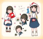  ! 1girl aged_down artist_logo back-to-back black_hair blue_skirt brown_eyes children's_day closed_eyes commentary_request cursor food fubuki_(kancolle) fubuki_(maizuru)_(kancolle) full_body highres holding kantai_collection kashiwa_mochi_(food) kodomo_no_hi koinobori logo low_ponytail ma_rukan mochi multiple_views open_mouth paper_hat paper_kabuto polo_shirt ponytail sakura_mochi school_uniform serafuku shirt short_ponytail sidelocks skirt smile standing upper_body wagashi white_shirt windsock 