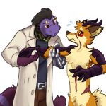 1:1 abdominal_scar akamaru_shirogane akamaruburningred alien alpha_channel anthro arm_scales belt belt_buckle black_body black_horn black_scales bottomwear brown_body brown_ears brown_fur brown_hair buckle camo camo_print canid canine cheek_scar cheek_tuft chest_fur chimera chupadore claws clothed clothed_anthro clothed_female clothing coat countershading crotch_tuft curious cybernetic_arm cybernetic_limb cybernetics digital_media_(artwork) dragon duo emanata eyebrow_piercing eyebrows facial_piercing facial_scar facial_tuft female fingers fluffy fluffy_chest fox fur furred_dragon furred_scalie gold_piercing hair hi_res holding_arm horn hybrid lab_coat machine male mammal markings metal_arm mythological_creature mythological_scalie mythology nude nude_anthro nude_male observing orange_body orange_fur piercing purple_body purple_fur raemyshu red_eyes ring_(marking) ringed_tail rvb_revolution scales scalie scar scarf scarred_body siria_ryder snout snout_scar striped_markings striped_tail stripes sweat_emanata tail tail_markings tan_body tan_countershading tan_fur third-party_edit topwear tuft unusual_anatomy worried worried_look