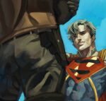  batman_(series) belt black_hair blue_eyes bodysuit brown_jacket cape commentary dc_comics gloves grey_bodysuit highres jacket jason_todd male_focus meehkms multicolored_bodysuit multiple_boys muscular muscular_male open_clothes pants red_cape red_hood_(dc) red_hood_and_the_outlaws short_hair superboy-prime superhero_costume superman_(series) taut_bodysuit two-tone_bodysuit utility_belt western_comics_(style) 