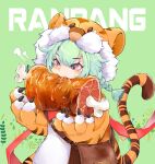  1girl animal_costume animal_print bag bangs crossed_bangs dragon_talon_clan_ranpang eating eyebrows_visible_through_hair fake_tail food ganmoumou green_background green_hair guardian_tales highres looking_at_another meat official_alternate_costume purple_eyes tail tiger_costume tiger_print 