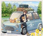  1boy animal arisa_(aren) bag bird black_jacket black_pants blue_eyes boots border box brown_boots brown_border brown_hair buttons car cat closed_mouth cloud commentary_request day deer flower food food_wrapper fruit full_body gift gift_box gift_wrapping hand_up highres holding holding_bag holding_food holding_sandwich jacket knee_up looking_to_the_side male_focus motor_vehicle mountain mountainous_horizon newspaper open_clothes open_jacket orange_(fruit) orange_cat original outdoors pants paper_bag rolled-up_newspaper sandwich shirt shoelaces short_hair smile solo standing standing_on_one_leg stream suitcase tree twitter_username untucked_shirt watermark white_shirt yellow_flower 