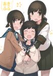  3girls black_hair brown_cardigan cardigan check_commentary closed_eyes commentary_request fubuki_(kancolle) fubuki_kai_ni_(kancolle) green_eyes highres kantai_collection low_ponytail ma_rukan multiple_girls open_mouth pleated_skirt ponytail sailor_collar school_uniform serafuku short_hair short_ponytail skirt smile translated 