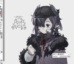  1girl arknights bird_girl black_hat braid chibi chibi_inset clenched_hand dripping_eye fur-trimmed_jacket fur_trim grey_background hair_over_one_eye hat hat_request head_wings jacket long_sleeves lubianshi1 medium_hair pointy_ears purple_eyes purple_hair purple_jacket simple_background solo tearing_up ukusik_(arknights) upper_body wings 