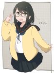  1girl absurdres anchor_symbol bespectacled black_hair black_sailor_collar black_skirt cardigan commentary_request fubuki_(kancolle) fubuki_kai_ni_(kancolle) glasses green_eyes highres kantai_collection long_sleeves looking_at_viewer ma_rukan medium_hair open_cardigan open_clothes open_mouth pleated_skirt sailor_collar school_uniform serafuku signature skirt smile solo yellow_cardigan 