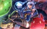  1girl ahoge armpits black_gauntlets blue_dress breasts clawed_gauntlets closed_mouth dress eyepatch fang fingerless_gloves gauntlets general_geega ghost gloves grey_hair horns large_breasts leg_armor leotard long_hair looking_at_viewer pointy_ears red_eyes see-through_cleavage see-through_clothes see-through_leotard single_gauntlet sitting slime_(creature) smile thighhighs thighs throne umiya_(umiya_illuillu) virtual_youtuber vshojo 
