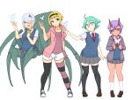  4girls 9rimson ahoge arachne arthropod_girl asymmetrical_legwear black_eyes black_hairband black_thighhighs blonde_hair blue_eyes blue_hair blue_sweater_vest bow bowtie breasts brown_shoes bug butterfly choppy_bangs closed_mouth colored_sclera commentary_request demon_girl demon_horns double-parted_bangs green_hair grey_sclera grey_skirt hair_between_eyes hair_ornament hair_over_one_eye hairband highres horns jacket long_bangs looking_at_viewer looking_up medium_breasts miniskirt mismatched_legwear mismatched_pupils monster_girl multiple_girls necktie neru_(9rimson) object_floating_above_hand one_eye_covered open_clothes open_jacket open_mouth original pink_jacket purple_eyes purple_hair purple_jacket purple_shirt red_necktie rinne_(9rimson) school_uniform shirt shoes short_hair shorts simple_background skirt smile socks spider_girl standing striped_clothes striped_thighhighs sweater_vest symbol-shaped_pupils taur thighhighs white_background white_shoes white_shorts white_socks yellow_bow yellow_bowtie zettai_ryouiki 