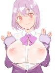  1girl 9rimson \\// blush bow bowtie breasts closed_mouth commentary_request gridman_universe hands_up jacket jacket_partially_removed large_breasts long_sleeves looking_at_viewer nipples purple_bow purple_bowtie purple_hair purple_jacket red_eyes see-through_clothes see-through_shirt shinjou_akane shirt short_hair simple_background sketch sleeves_past_wrists smile solo ssss.gridman upper_body white_background white_shirt 