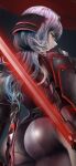  1girl armor armored_bodysuit ass black_bodysuit bodysuit from_behind goddess_of_victory:_nikke grey_hair halo highres holding holding_sword holding_weapon kyel_hyde long_hair official_alternate_design pauldrons red_eyes red_halo scarlet_(black_shadow)_(nikke) scarlet_(nikke) shoulder_armor solo sword weapon 