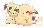  ? arm_around_another's_waist blush closed_eyes commentary_request drawn_eyes heart mimikyu mugita_konomi no_humans one_eye_closed open_mouth pikachu pokemon pokemon_(creature) pokemon_focus simple_background smile white_background 