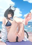  1girl 865734062 absurdres bikini black_choker black_hair black_nails black_tail blue_archive blue_bikini blue_halo cat_girl cat_tail choker commentary_request criss-cross_straps doodle_sensei_(blue_archive) expressionless halo highres kikyou_(blue_archive) kikyou_(swimsuit)_(blue_archive) layered_bikini legs_up looking_at_viewer multi-strapped_bikini_top multiple_tails sensei_(blue_archive) short_hair sitting solo_focus swimsuit tail toes two_tails 