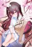  1girl absurdres ascot azki_(4th_costume)_(hololive) azki_(hololive) black_hair blurry blurry_foreground braid brown_jacket cherry_blossoms collared_dress colored_inner_hair commentary_request double-parted_bangs dress falling_petals hair_intakes hair_ornament hair_ribbon hairclip half-jacket half_up_braid high-low_dress highres hololive jacket long_hair looking_at_viewer mohejiillust mole mole_under_eye multicolored_hair official_alternate_costume on_bench outdoors petals pink_hair pink_streaks purple_eyes ribbon sidelocks simple_background skirt skirt_under_dress solo streaked_hair three-quarter_sleeves very_long_hair virtual_youtuber white_ascot white_dress white_ribbon white_skirt white_streaks 