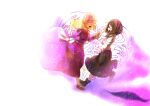  2girls :d black_shoes black_skirt blush boots bow bowtie brown_boots brown_eyes brown_hair check_commentary closed_eyes collared_dress collared_shirt commentary_request contrast_collar dancing dress hair_bow holding_hands long_skirt long_sleeves looking_at_another maribel_hearn mary_janes minus_(sr_mineka) missing_headwear multiple_girls open_mouth purple_dress red_bow red_bowtie sash shirt shirt_tucked_in shoes skirt smile socks touhou usami_renko white_sash white_shirt white_socks 