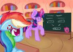 book chalkboard chest_tuft cross-popping_vein desk duo equid equine female feral friendship_is_magic frustrated furniture golden_oaks_library hasbro horn magic mammal miaaqua my_little_pony mythological_creature mythological_equine mythology pegasus pointer rainbow_dash_(mlp) smile table telekinesis tuft twilight_sparkle_(mlp) winged_unicorn wings