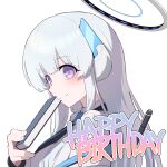  1girl backscratcher777 blue_archive blue_necktie breasts closed_mouth collared_shirt commentary english_text from_side halo happy_birthday headgear highres holding holding_notebook jacket jacket_partially_removed large_breasts light_blush long_hair looking_at_viewer looking_to_the_side mechanical_halo necktie noa_(blue_archive) notebook pen portrait purple_eyes shirt simple_background smile solo white_background white_hair white_halo white_jacket white_shirt 