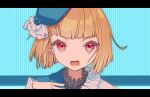  1girl alternate_hair_length_(shorter) blue_background blue_hat bob_cut brown_hair commentary dress frilled_dress frills hat highres inverted_bob kachimachi_kosuzu ladybug_(love_live!) link!_like!_love_live! looking_at_viewer love_live! official_alternate_hairstyle portrait red_eyes short_hair side_ahoge sio_pasta solo tilted_headwear virtual_youtuber white_dress 