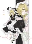  1girl absurdres adapted_costume apron black_hat black_skirt black_vest blonde_hair bow chu_(yuzumeno) closed_mouth color_guide commentary_request dango food frilled_skirt frills grin hat hat_bow highres holding holding_own_skirt holding_skewer kirisame_marisa long_hair long_sleeves looking_at_viewer multiple_views platform_sandals sandals sanshoku_dango skewer skirt smile socks touhou vest wagashi waist_apron watermark white_bow white_socks witch_hat yellow_eyes 