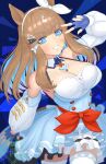  +_+ 1girl almond_eye_(the_changer)_(umamusume) almond_eye_(umamusume) animal_ears arm_up bare_shoulders blue_dress blue_eyes blue_gloves blunt_bangs bow bow_hairband braid breasts bright_pupils brown_hair cleavage colored_inner_hair commentary_request cowboy_shot detached_collar detached_sleeves dress fingerless_gloves gloves grin hair_ornament hairband hairclip highres horse_ears horse_girl horse_tail long_hair looking_at_viewer medium_breasts multicolored_hair sidelocks signature sleeveless sleeveless_dress smile solo standing symbol-shaped_pupils tail teeth too_many_hair_ornaments umamusume w white_hairband white_sleeves x-shaped_pupils zenchou24cm 