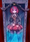  1girl absurdres alternate_universe beige_cardigan black_suit box cardigan chain commentary crying crying_with_eyes_open cuffs danganronpa_(series) danganronpa_v3:_killing_harmony english_commentary feet_out_of_frame hair_ornament handcuffs highres lock looking_at_viewer red_eyes red_hair red_skirt riyuta school_uniform skirt solo tearing_up tears water yumeno_himiko 