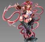  1girl belt black_belt black_panties breasts brown_gloves brown_hair cleavage cowboy_western fingerless_gloves full_body gloves grey_background highres large_breasts monster_girl_encyclopedia outstretched_arm panties roper_(monster_girl_encyclopedia) shirt short_hair simple_background solo tentacles tied_shirt tongue tongue_out udetamago underwear white_shirt 