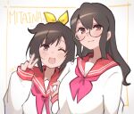  2girls akagi_(kancolle) artist_logo bespectacled brown_eyes brown_hair commentary_request cosplay glasses highres hiiragi_tsukasa hiiragi_tsukasa_(cosplay) hiryuu_(kancolle) kantai_collection logo long_hair lucky_star ma_rukan multiple_girls one_side_up open_mouth pinching_sleeves red_sailor_collar ryouou_school_uniform sailor_collar sailor_shirt school_uniform serafuku shirt smile takara_miyuki takara_miyuki_(cosplay) upper_body v white_shirt winter_uniform 