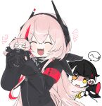  0w0 3girls :3 bandana bisaytin closed_eyes commentary_request girls'_frontline hair_between_eyes happy highres long_hair long_sleeves m4_sopmod_ii_(girls'_frontline) m4_sopmod_ii_jr mechanical_arms megaphone multicolored_hair multiple_girls non-humanoid_robot o_o open_mouth print_bandana ro635_(girls'_frontline) robot simple_background skull_print smile streaked_hair wide_oval_eyes 