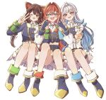  3girls :d ange_katrina animal_ears animal_hair_ornament ankle_boots blue_eyes blue_hair blue_shirt blue_skirt blush boots braid brown_hair collared_shirt colored_inner_hair commentary_request dog_ears dog_girl drinking_glass_hair_ornament earrings fangs finger_counting fold-over_boots frilled_skirt frills gold_trim group_picture hair_between_eyes hair_intakes hair_ornament half_up_braid hand_up hands_up highres holding_hands idol_clothes inui_toko invisible_chair jewelry layered_shirt layered_skirt lize_helesta long_hair long_sleeves looking_at_viewer low_twin_braids medium_hair midriff miniskirt multicolored_hair multiple_girls nijisanji nijisanji_idol_uniform one_eye_closed open_mouth purple_eyes reaching reaching_towards_viewer red_eyes red_hair sakura_anc sanbaka_(nijisanji) shirt shorts shorts_under_skirt side-by-side silver_tiara simple_background sitting skin_fangs skirt sleeve_cuffs smile streaked_hair teeth thigh_strap triangle_hair_ornament twin_braids two-tone_hair upper_teeth_only very_long_hair virtual_youtuber white_background white_hair white_shirt white_shorts white_skirt 