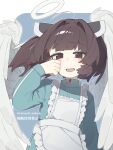  1girl :d ahoge alternate_costume angel angel_wings apron blue_track_suit blush brown_hair commentary frilled_apron frills halo happy_tears headgear highres jacket jersey_maid long_sleeves looking_at_viewer maid mizusaki_nakono red_eyes short_hair smile solo tears tenshi_kaiwai touhoku_kiritan track_jacket track_suit twintails unconventional_maid upper_body voiceroid white_halo wind wings wiping_tears 