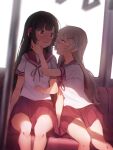  2girls absurdres black_hair blush commentary_request eye_contact eyebrows_visible_through_hair grey_hair hair_ornament hairclip highres looking_at_another mole mole_on_neck multiple_girls original parted_lips school_uniform sitting train_interior wavy_mouth yuntoko yuri 