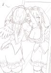  1girl ass back_cutout bird_wings breasts cleavage closed_mouth clothing_cutout commentary_request feathered_wings frilled_skirt frills greyscale hat highres kagami_toufu large_breasts looking_at_mirror medium_hair mirror monochrome musical_note pointy_ears pom_pom_(clothes) puffy_short_sleeves puffy_sleeves reflection ribbon-trimmed_thighhighs ribbon_trim shameimaru_aya shirt short_sleeves skirt smile solo thighhighs tokin_hat touhou wings 