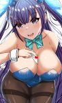  :d ah68j3 animal_ears aqua_bow aqua_bowtie ash_arms between_breasts black_pantyhose blue_leotard bow bowtie breasts card cleavage collarbone commentary_request curvy detached_collar fake_animal_ears highres large_breasts leotard liberator_(girls'_frontline) long_hair looking_at_viewer open_mouth pantyhose playboy_bunny playing_card plump purple_eyes purple_hair rabbit_ears sidelocks simple_background smile standing teeth upper_teeth_only very_long_hair white_background wrist_cuffs 