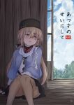  1girl absurdres architecture averting_eyes black_gloves black_hat black_skirt blue_shawl blue_sky blush brown_eyes brown_hair brown_pantyhose cloud cloudy_sky collared_shirt commentary_request cover cover_page doujin_cover east_asian_architecture feet_out_of_frame fingerless_gloves gloves hair_between_eyes hair_ornament hairclip hat hat_pin highres jacket kantai_collection kuuru_(kuuru-n) long_hair long_sleeves low_twintails open_mouth pantyhose shawl shirt sitting skirt sky solo star_pin summer sweat tashkent_(kancolle) translation_request tree twintails white_jacket 