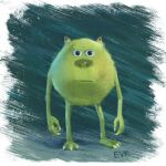 3_toes abstract_background anthro blue_eyes claws disney evk feet green_body hands_on_sides hi_res horn looking_at_viewer male meme mike_wazowski monsters_inc mouth_closed pixar poker_face relaxing simple_background skinny snout solo standing toe_claws toes white_claws white_sclera