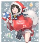 1girl bell black_hair blush border box christmas commentary_request fubuki_(kancolle) full_body gift gift_box gloves green_eyes hat highres kantai_collection ma_rukan merry_christmas open_mouth ponytail red_gloves red_hat sack santa_costume santa_hat short_hair short_ponytail signature smile snowflake_background snowflakes solo star_(symbol) torpedo torpedo_launcher torpedo_tubes white_border 